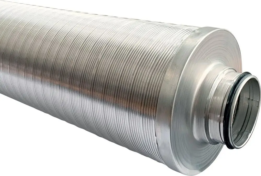 Flexibler Schalldämpfer aus Metall mit gerippter Oberfläche, hergestellt von Bosch. Der Dämpfer hat eine runde Form und ist für die Wohnungslüftung konzipiert.